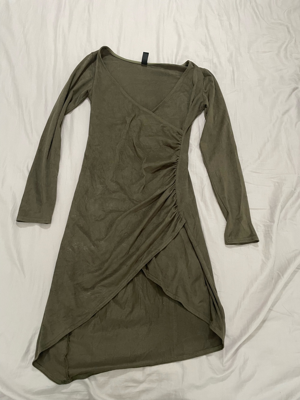 3/$30 Windsor Olive Suede Ruched Long Sleeve Dress